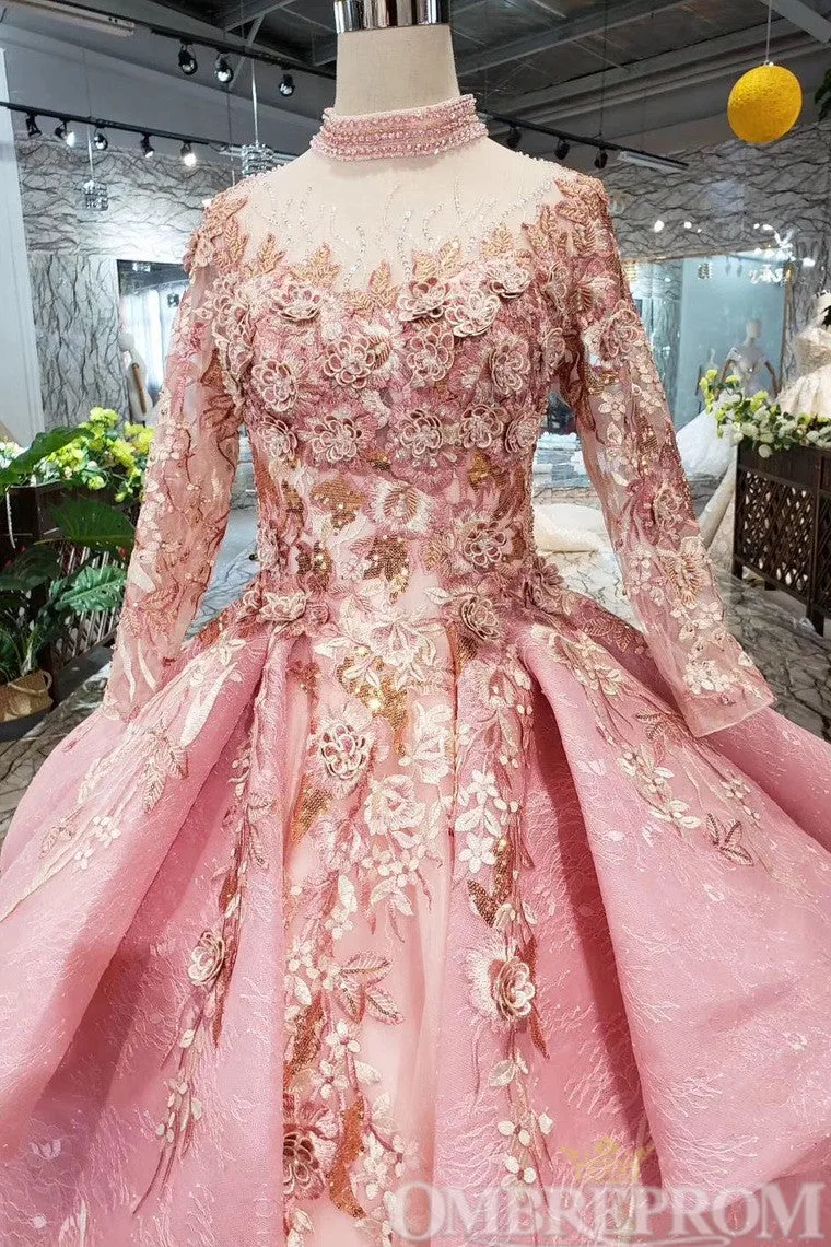 Romantic Princess Ball Gown Long Sleeves High Neck Prom Dresses