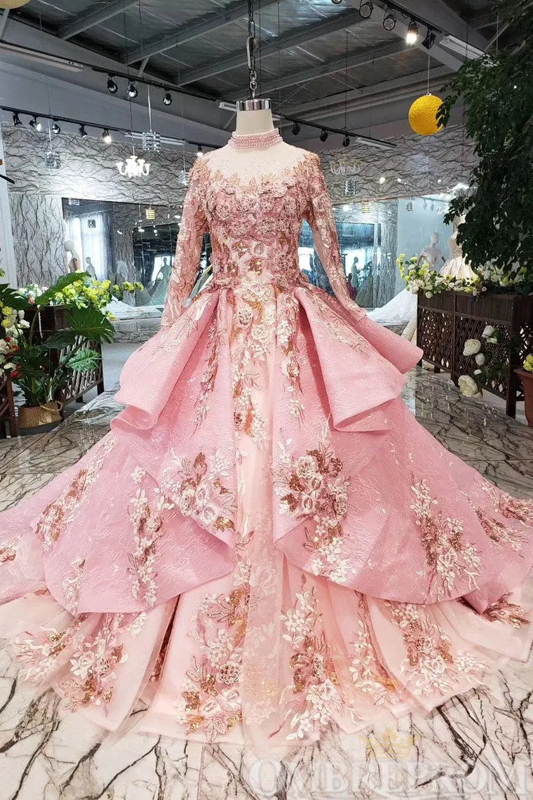 Romantic Princess Ball Gown Long Sleeves High Neck Prom Dresses