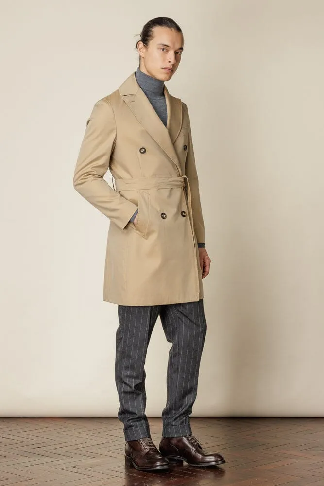 (RTW) Mid Length Double Breasted Trench Coat with Belt - Sand Cotton