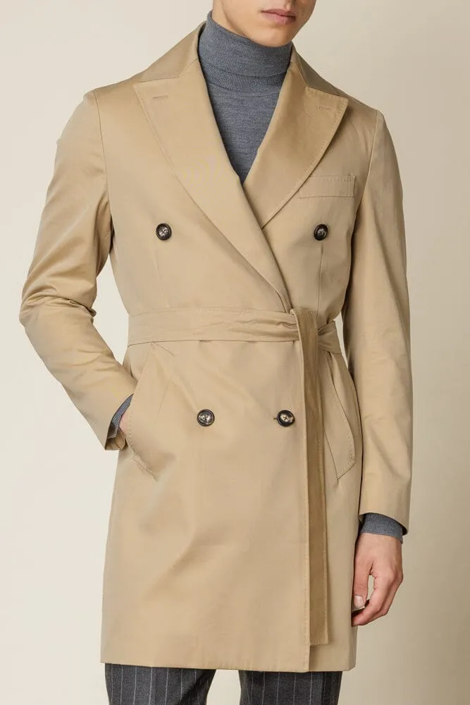 (RTW) Mid Length Double Breasted Trench Coat with Belt - Sand Cotton