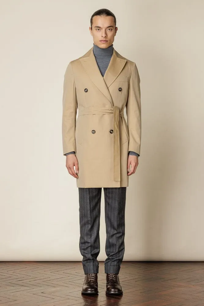 (RTW) Mid Length Double Breasted Trench Coat with Belt - Sand Cotton