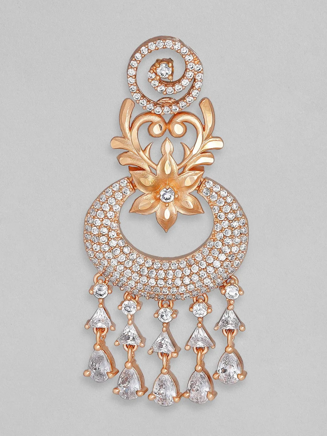 Rubans Zircon Studded Handcrafted Rose Gold Plated Floral Chandbali Earrings