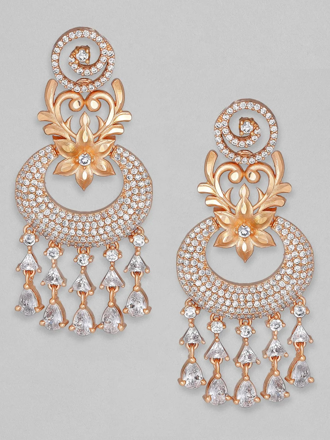 Rubans Zircon Studded Handcrafted Rose Gold Plated Floral Chandbali Earrings