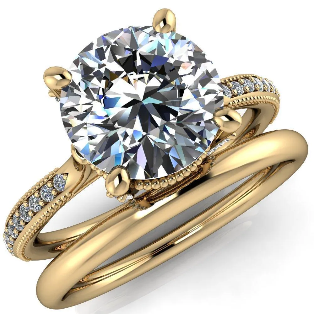 Scarlett Round Center Stone Custom Milgrain with Diamond Channel Set and 4 Prong Ring