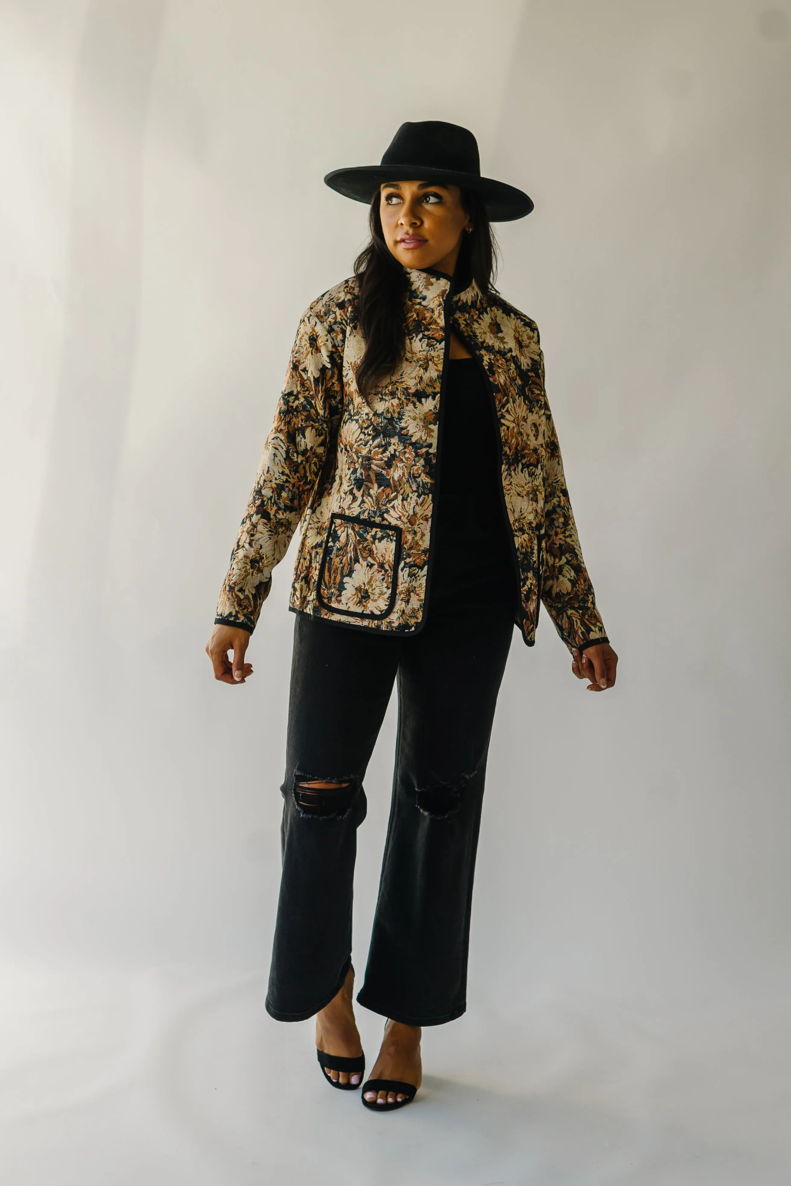 The Ellenton Floral Tapestry Jacket in Black   Natural