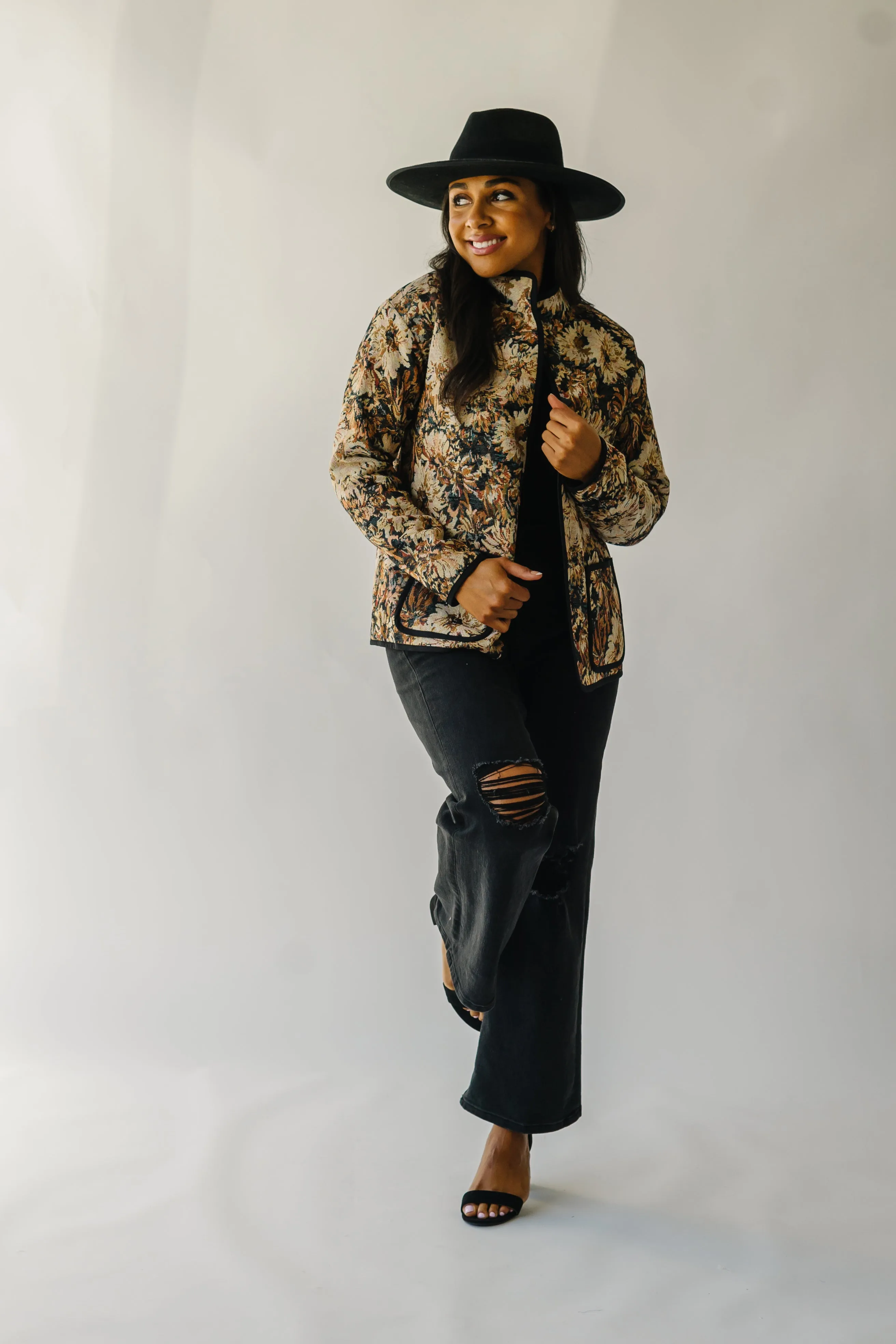 The Ellenton Floral Tapestry Jacket in Black   Natural