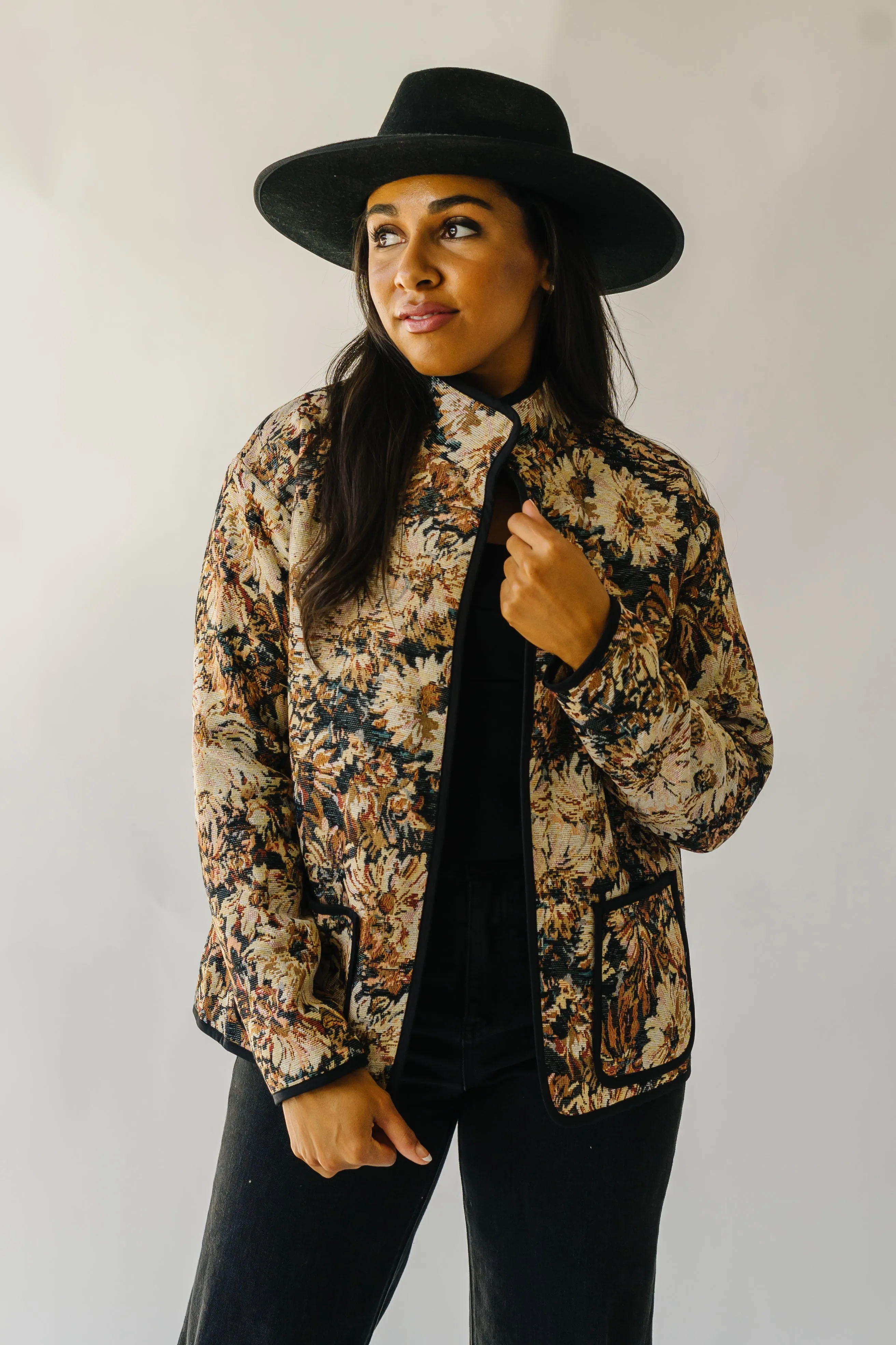 The Ellenton Floral Tapestry Jacket in Black   Natural