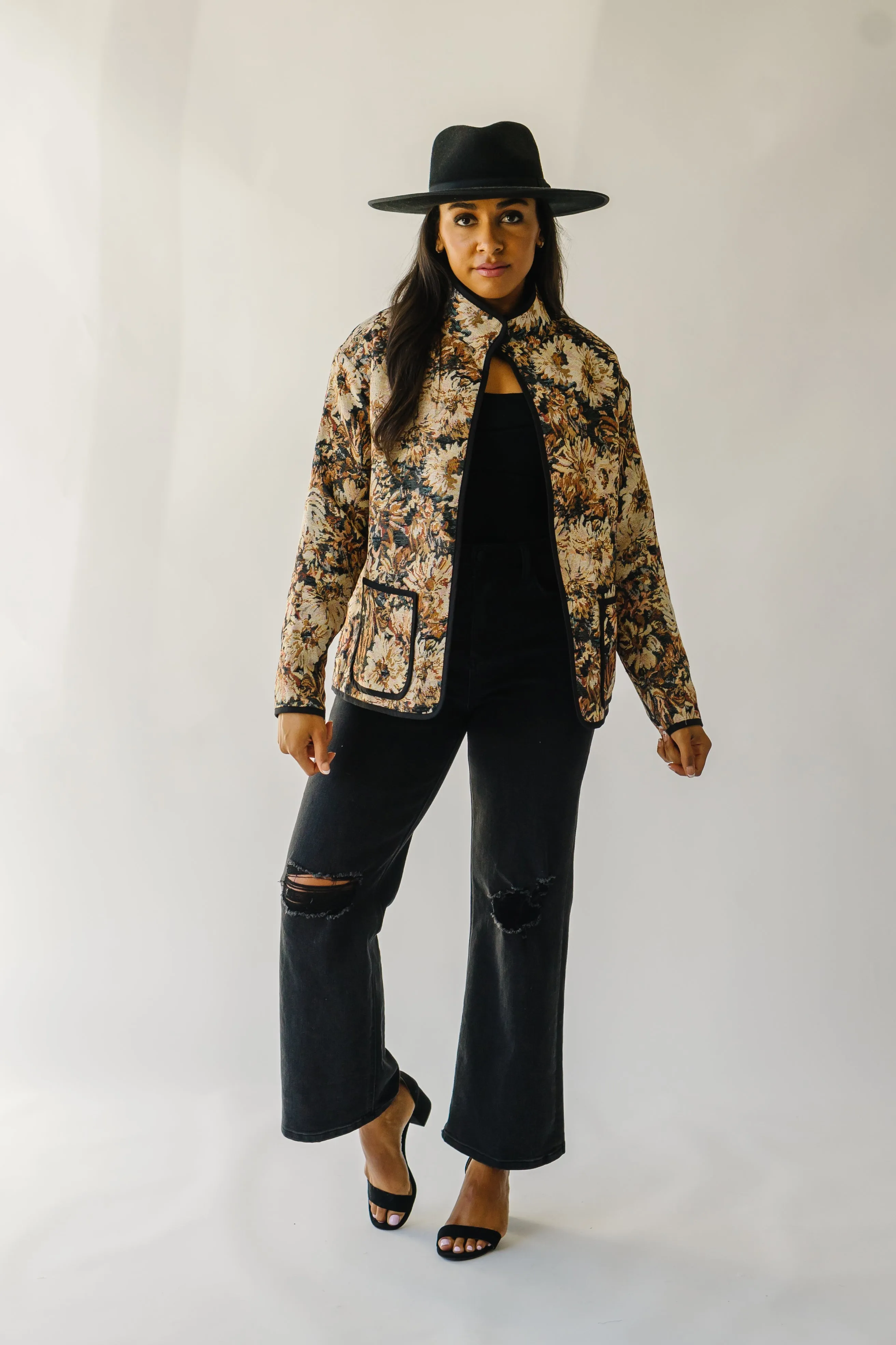 The Ellenton Floral Tapestry Jacket in Black   Natural