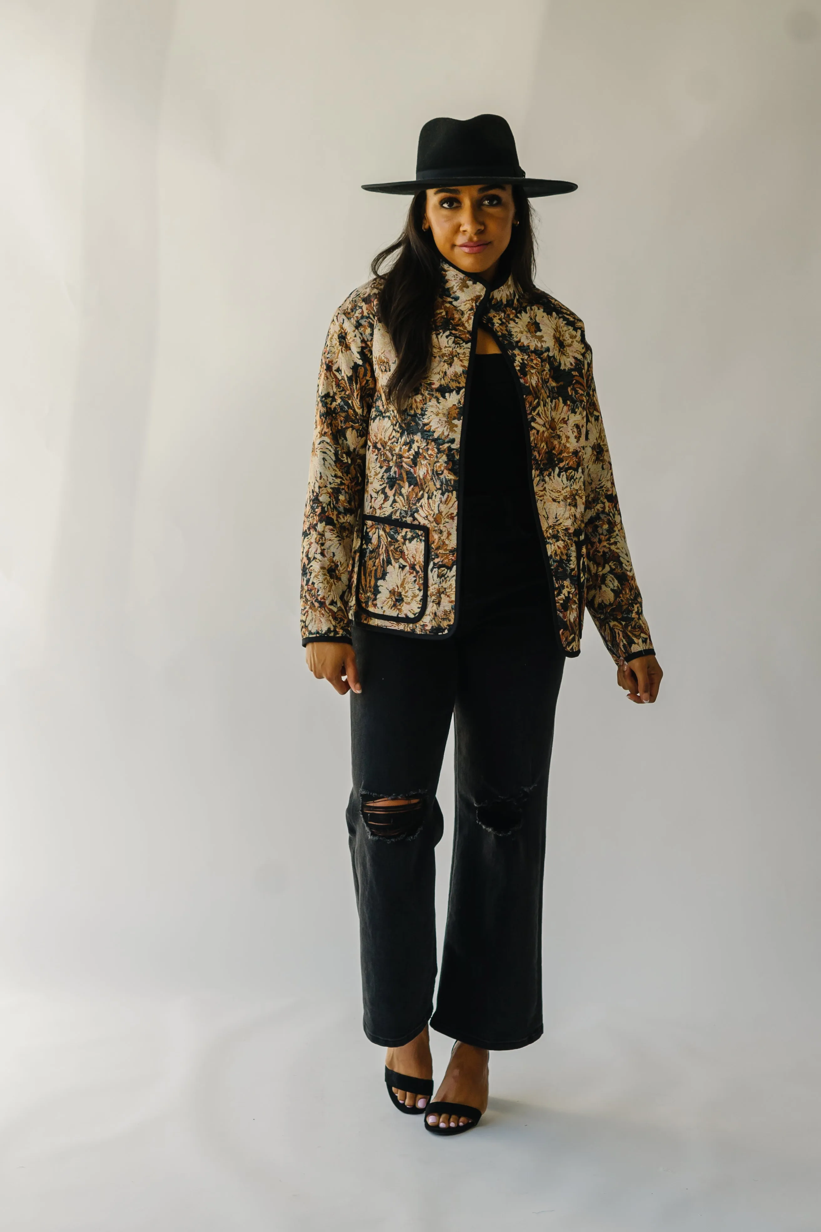 The Ellenton Floral Tapestry Jacket in Black   Natural