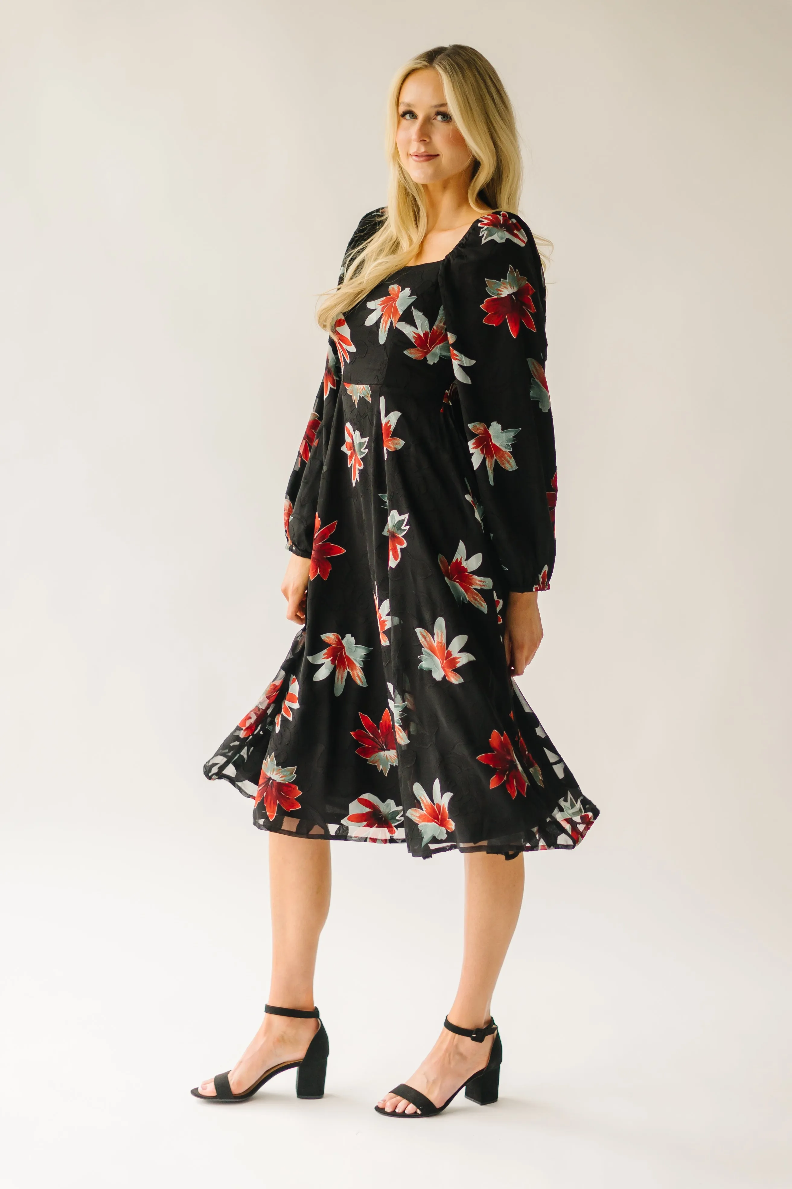 The Olander Square Neck Floral Dress in Black Multi