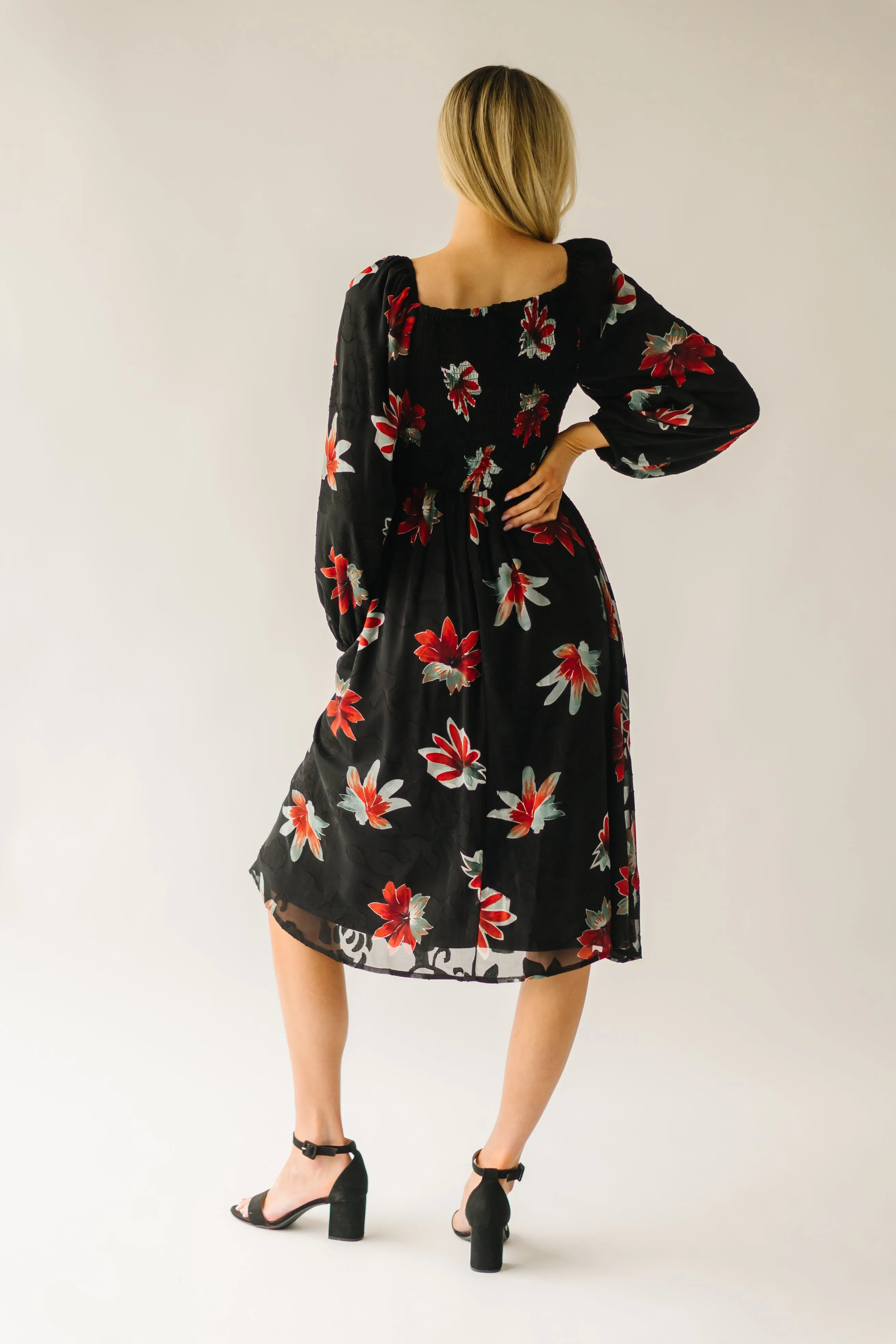 The Olander Square Neck Floral Dress in Black Multi