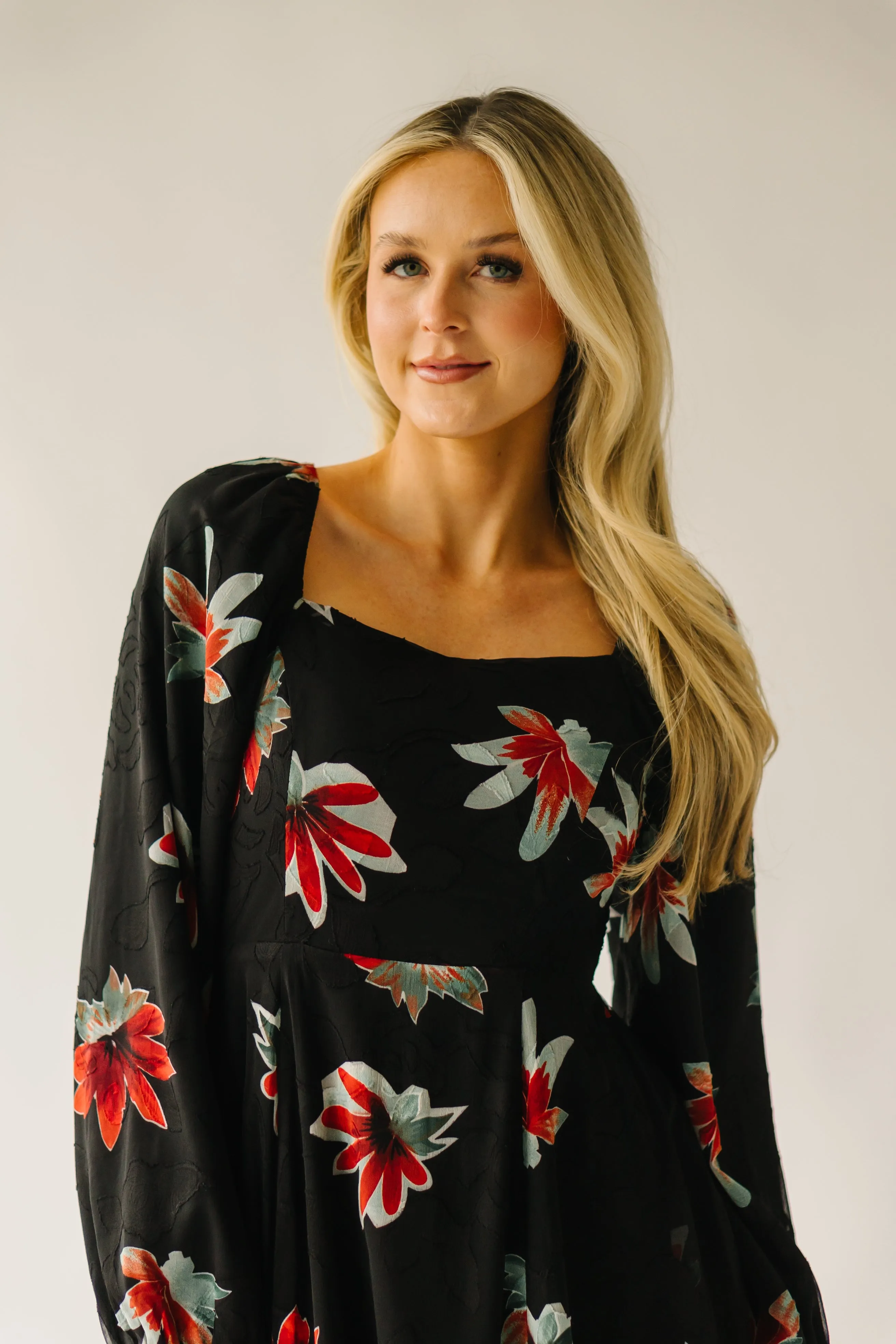 The Olander Square Neck Floral Dress in Black Multi