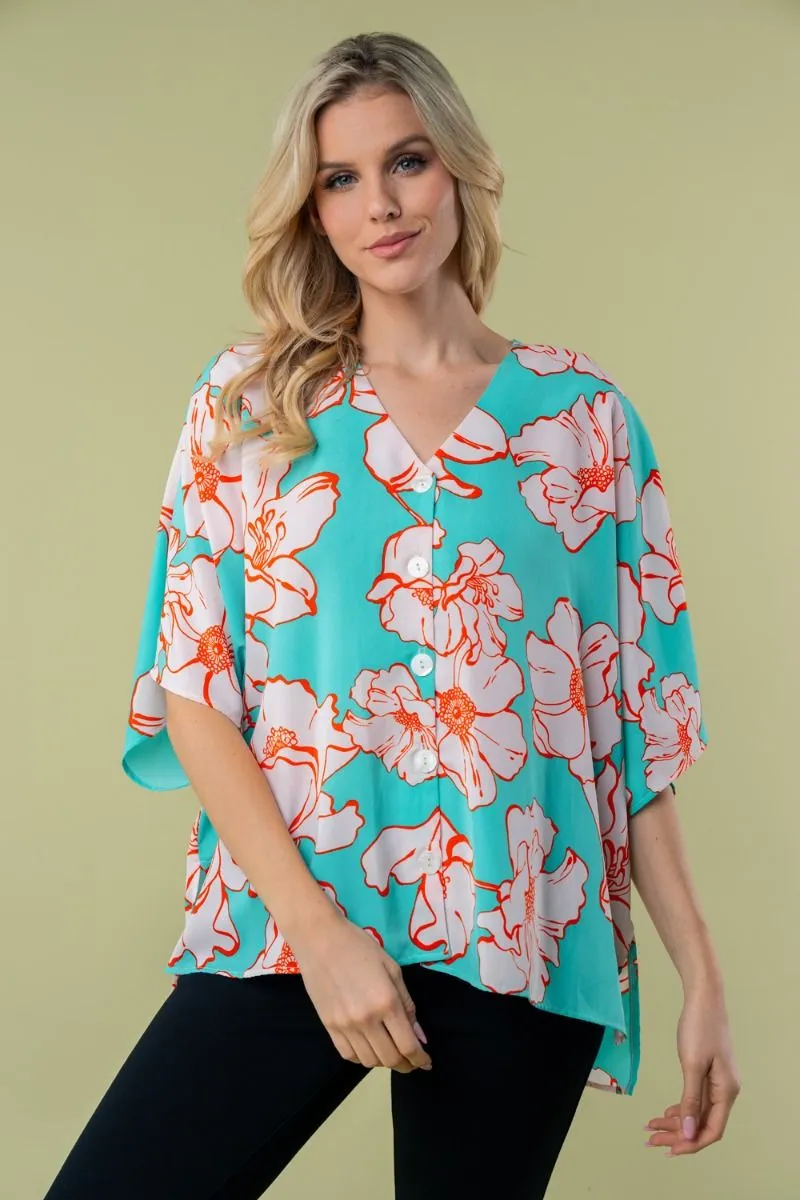 White Birch Aqua Floral Print Top PREORDER