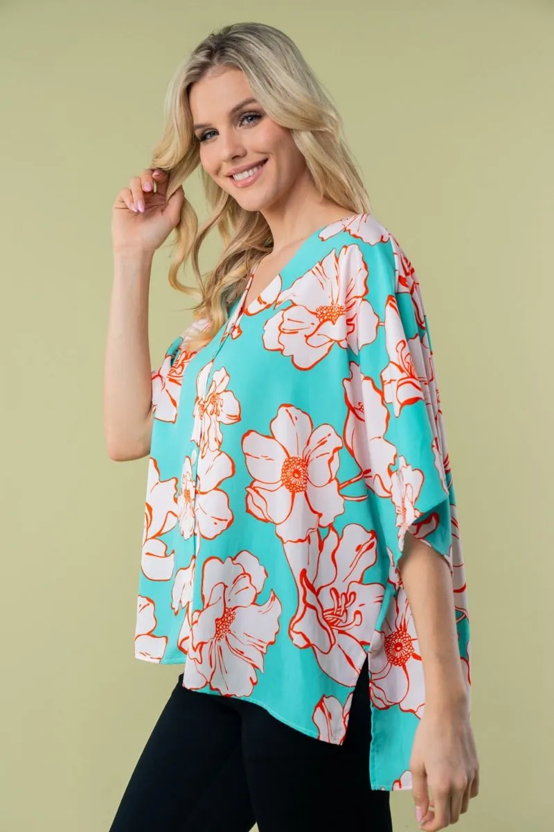 White Birch Aqua Floral Print Top PREORDER