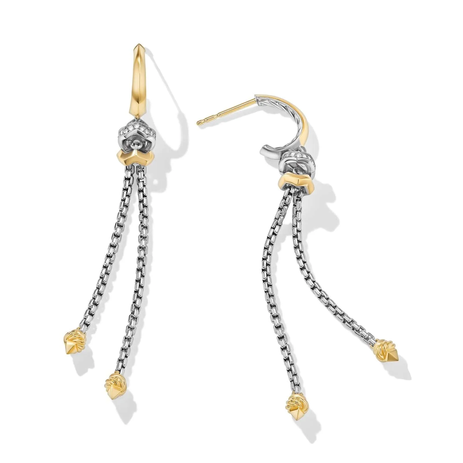 Zig Zag Stax Chain Drop Earrings in Sterling Silver with 18K Yellow Gold and Diamonds, 66mm